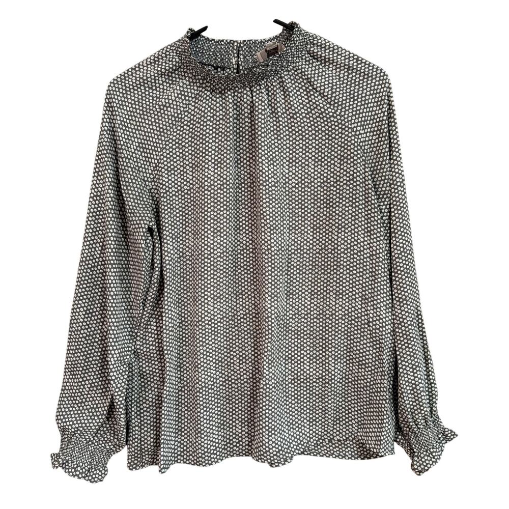 LOFT Outlet Womens Blouse Gray White Blue Circle Print Mock Neck Long Sleeve S